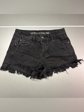 Vanilla Star Women's Black Denim Jean Shorts Size 7 Distressed Cut Off